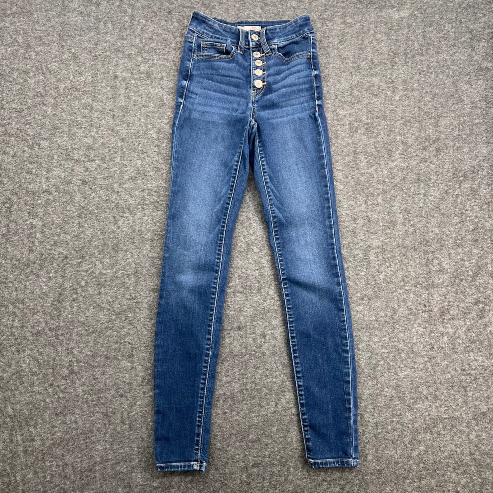 SO Womens High Rise Skinny Jeans Medium Wash Button Fly Size 0 24 Blue Denim